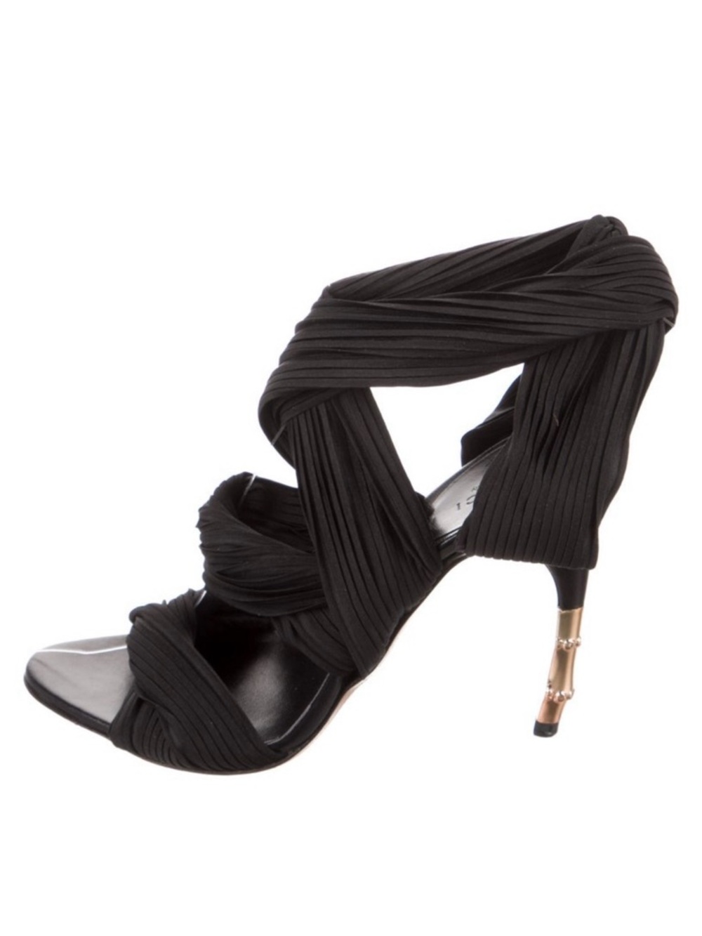 Vintage Gucci +Tom Ford Black Plisse Draped Wrap Sandal with Bamboo Gold Heel.